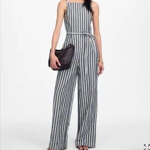 Pleated Wide-Leg Jumpsuit in Pinstripe Linen